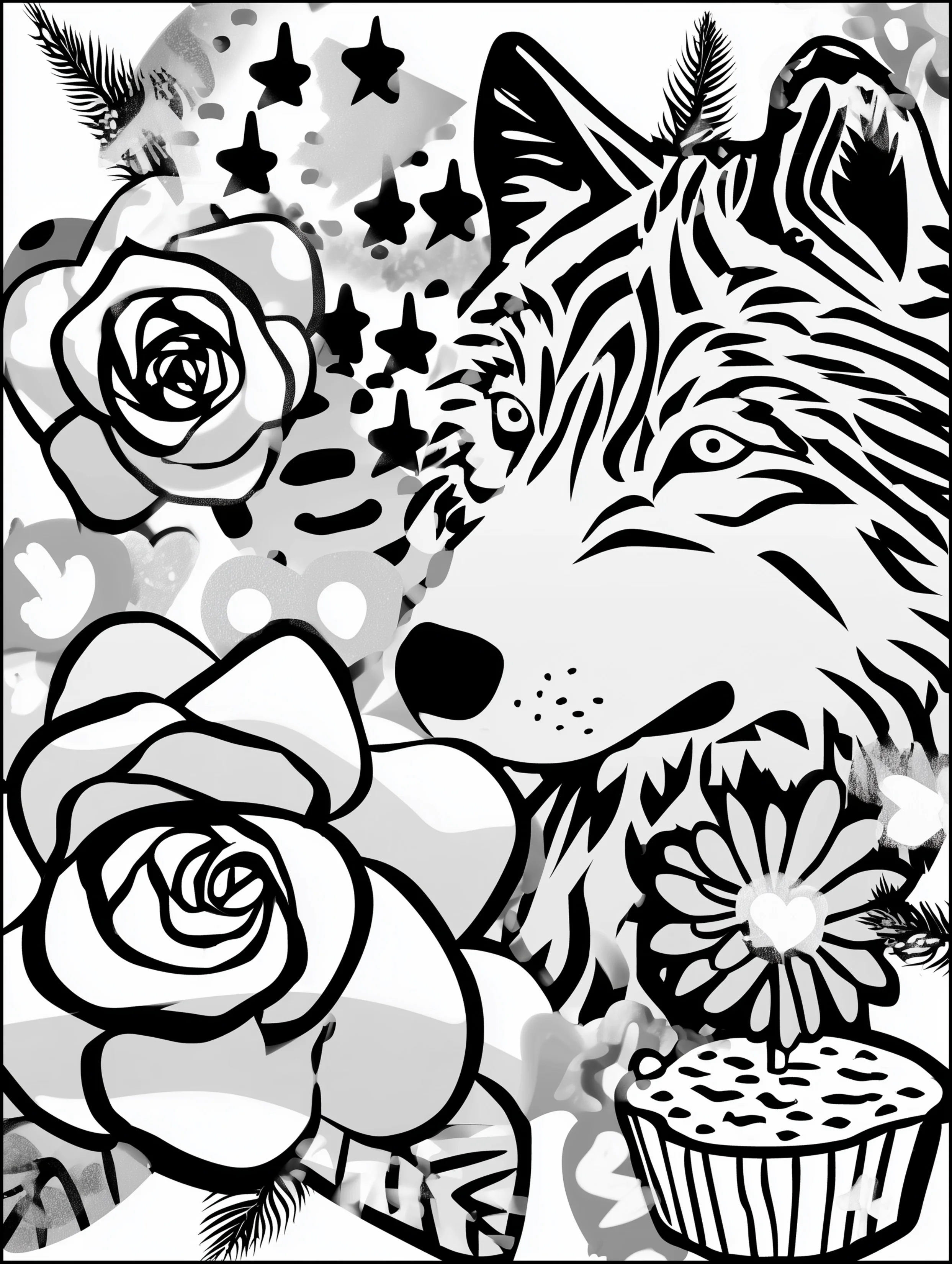 Free printable wolf coloring page for adults featuring a wolf with a small cupcake